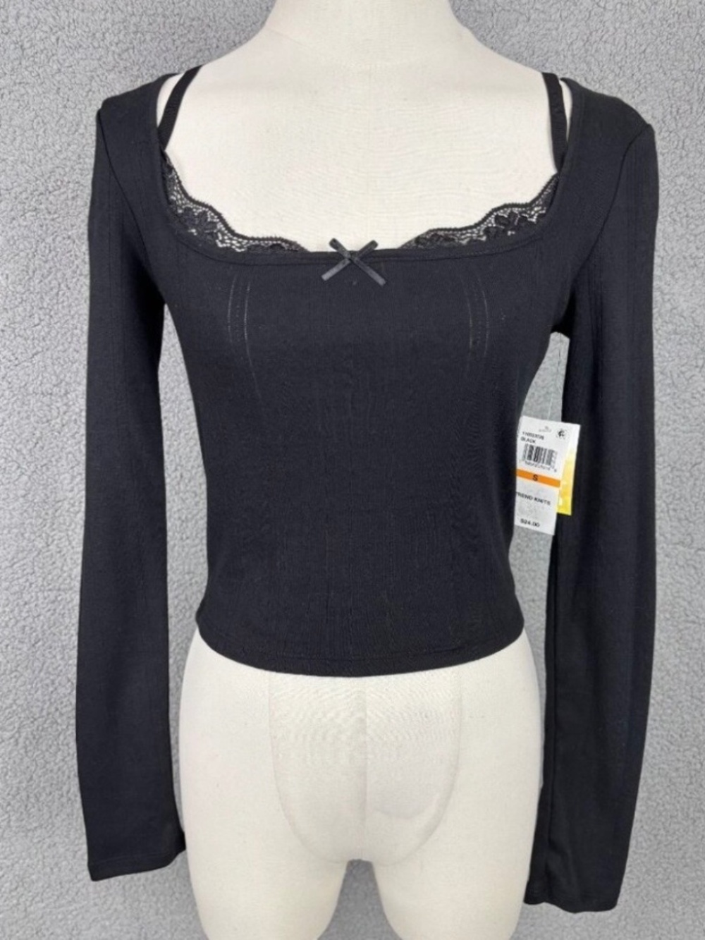 Sugar Moon Layered Look Pointelle Knit Long Sleeve Crop Top Shirt Black Medium